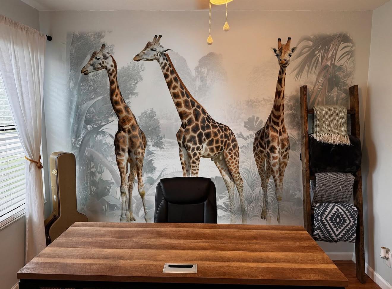 Girafes imprimées sur un mur de bureau — Prestige Impression, Côte d'Azur